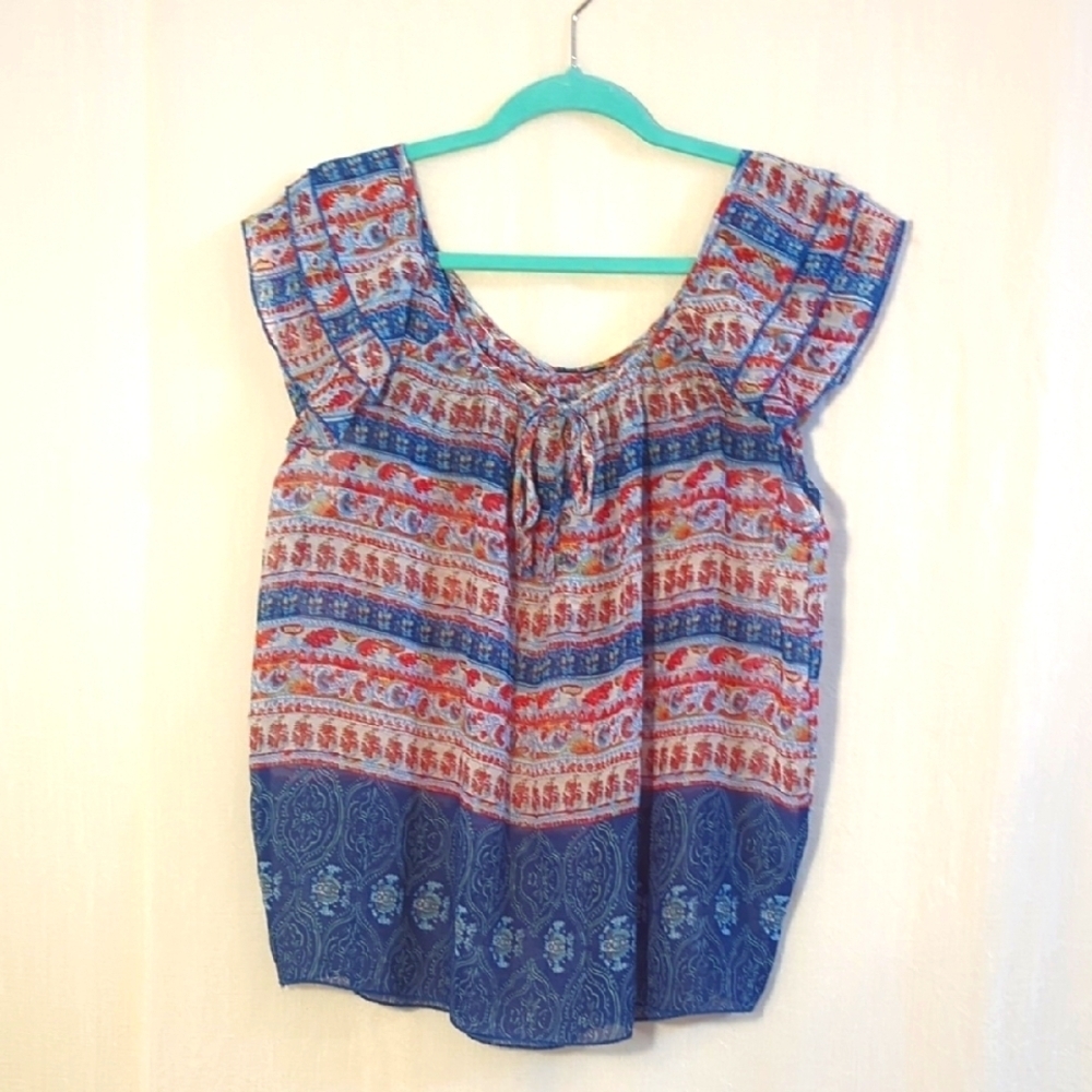 Boho Blue and Red Women's Top Size Large